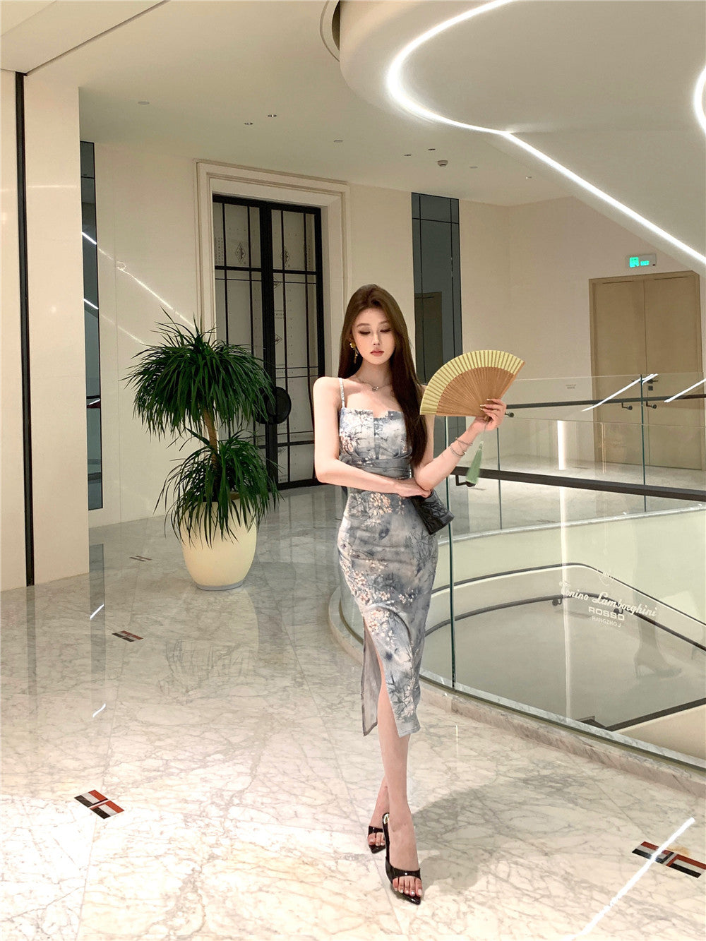 Elegant Floral Print Sheath High-Slit Midi Dress Charming Cultural Events Spaghetti Strap Long Dress AP1864