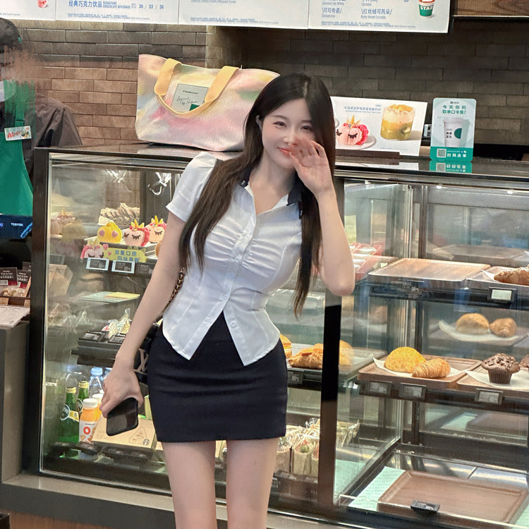 Vogue Office Chic Ensemble Fitted Shirt Mini Skirt Sexy Two-Piece Set Schoolgirl-Inspired Short Dress AP1866