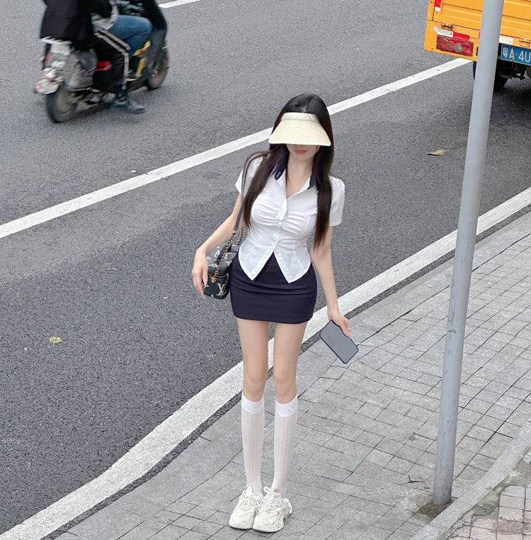 Vogue Office Chic Ensemble Fitted Shirt Mini Skirt Sexy Two-Piece Set Schoolgirl-Inspired Short Dress AP1866