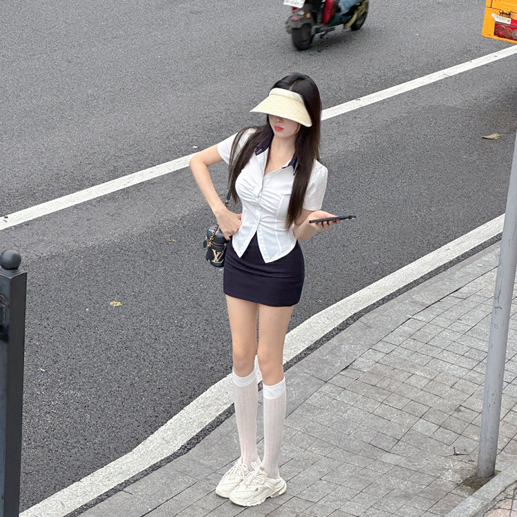 Vogue Office Chic Ensemble Fitted Shirt Mini Skirt Sexy Two-Piece Set Schoolgirl-Inspired Short Dress AP1866