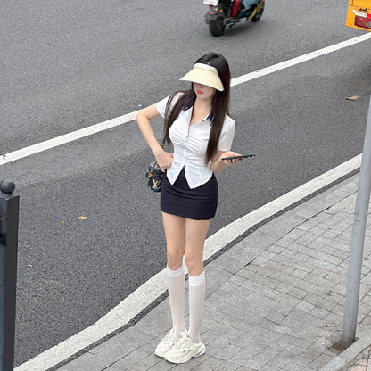 Vogue Office Chic Ensemble Fitted Shirt Mini Skirt Sexy Two-Piece Set Schoolgirl-Inspired Short Dress AP1866