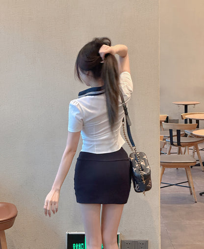 Vogue Office Chic Ensemble Fitted Shirt Mini Skirt Sexy Two-Piece Set Schoolgirl-Inspired Short Dress AP1866