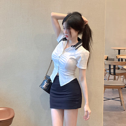 Vogue Office Chic Ensemble Fitted Shirt Mini Skirt Sexy Two-Piece Set Schoolgirl-Inspired Short Dress AP1866