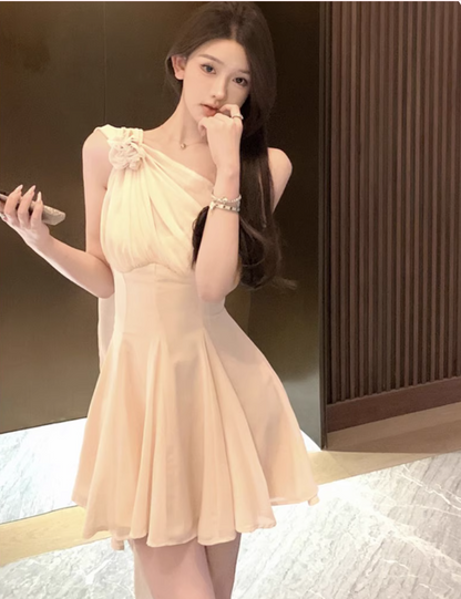 Charming One Shoulder A-Line Tulle Layered Mini Dress Novelty 3D Floral Accent Asymmetric Hem Cinched Wasit Short Dress AP1867