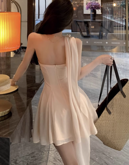 Charming One Shoulder A-Line Tulle Layered Mini Dress Novelty 3D Floral Accent Asymmetric Hem Cinched Wasit Short Dress AP1867