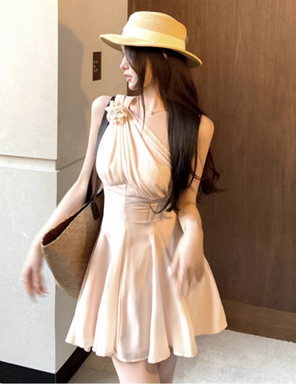 Charming One Shoulder A-Line Tulle Layered Mini Dress Novelty 3D Floral Accent Asymmetric Hem Cinched Wasit Short Dress AP1867