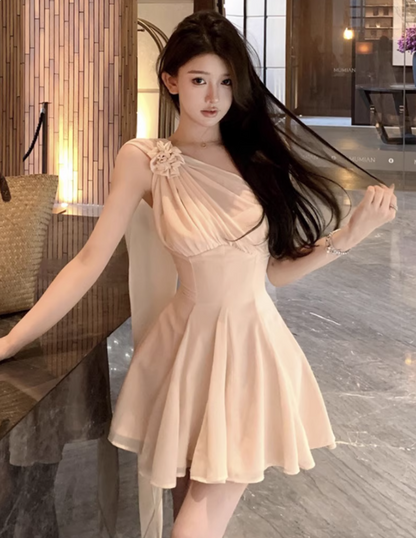 Charming One Shoulder A-Line Tulle Layered Mini Dress Novelty 3D Floral Accent Asymmetric Hem Cinched Wasit Short Dress AP1867