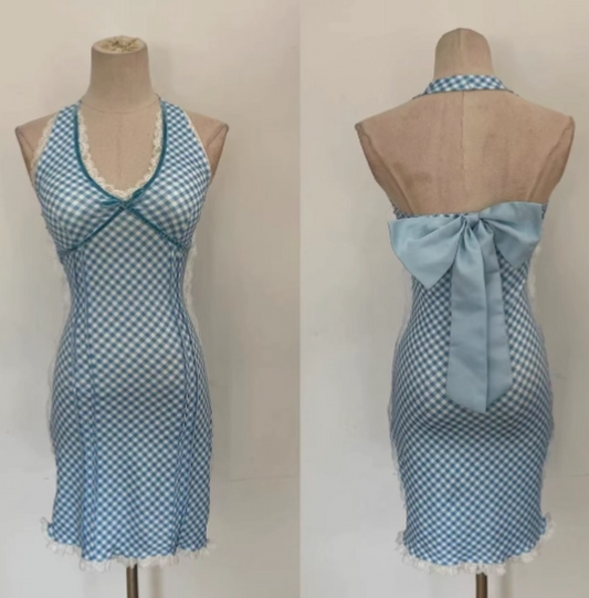Cute Lace Trimmed Blue Plaid Mini Skirt New Tendency Sheath Big Bow Accent Halter Short Dress AP1868
