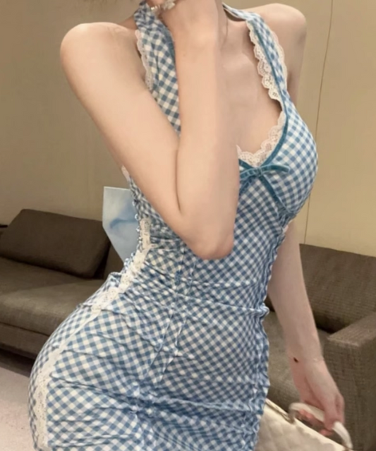 Cute Lace Trimmed Blue Plaid Mini Skirt New Tendency Sheath Big Bow Accent Halter Short Dress AP1868