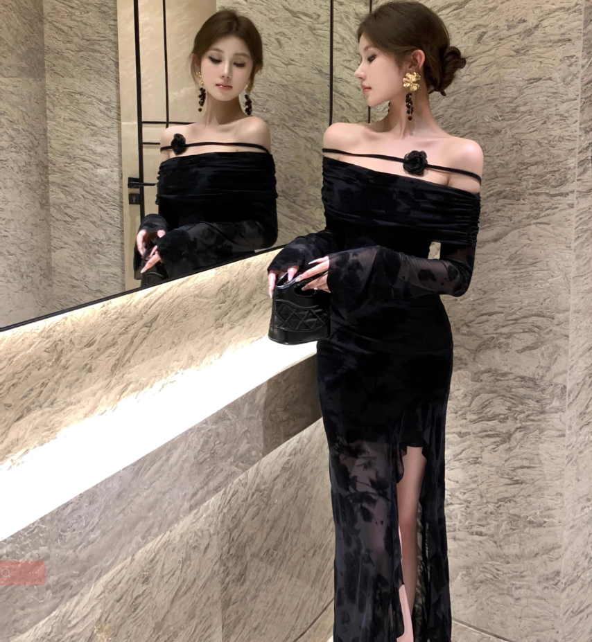 French-Inspired Black Off-Shoulder High-Slit Flower Accent Maxi Dress Graceful Long Sleeve Bodycon Fit Mesh Overlay Long Dress AP1869