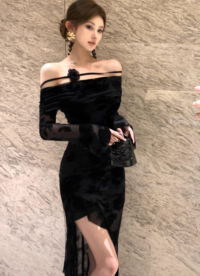 French-Inspired Black Off-Shoulder High-Slit Flower Accent Maxi Dress Graceful Long Sleeve Bodycon Fit Mesh Overlay Long Dress AP1869