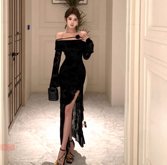 French-Inspired Black Off-Shoulder High-Slit Flower Accent Maxi Dress Graceful Long Sleeve Bodycon Fit Mesh Overlay Long Dress AP1869