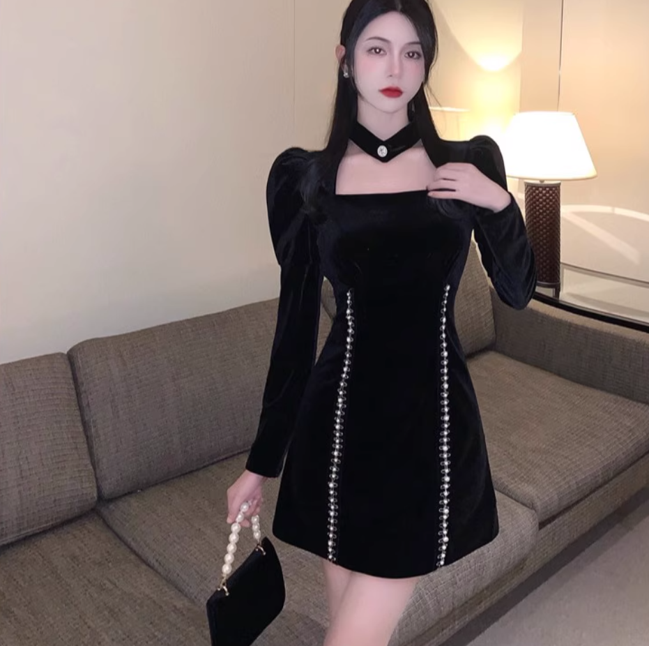 Hot Sales Beading Design Velvet Long Sleeves Mini Skirt Everyday Wear Square Neckline A-Line Short Dress AP1870