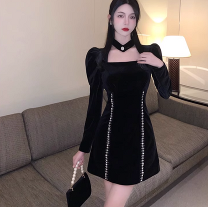 Hot Sales Beading Design Velvet Long Sleeves Mini Skirt Everyday Wear Square Neckline A-Line Short Dress AP1870