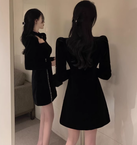 Hot Sales Beading Design Velvet Long Sleeves Mini Skirt Everyday Wear Square Neckline A-Line Short Dress AP1870