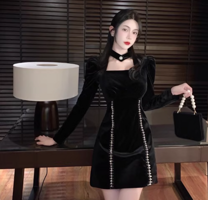 Hot Sales Beading Design Velvet Long Sleeves Mini Skirt Everyday Wear Square Neckline A-Line Short Dress AP1870