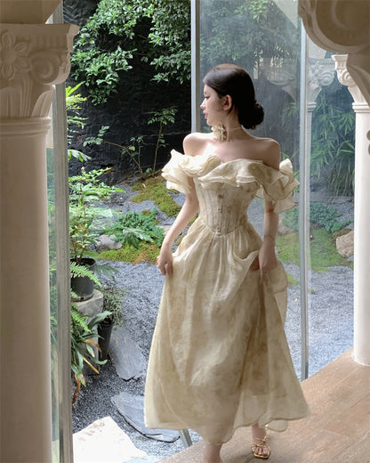 French-Inspired Off-Shoulder Ruffles Neckline Maxi Dress Fashionable Floral Print Cinched-Wasit Long Dress AP1871