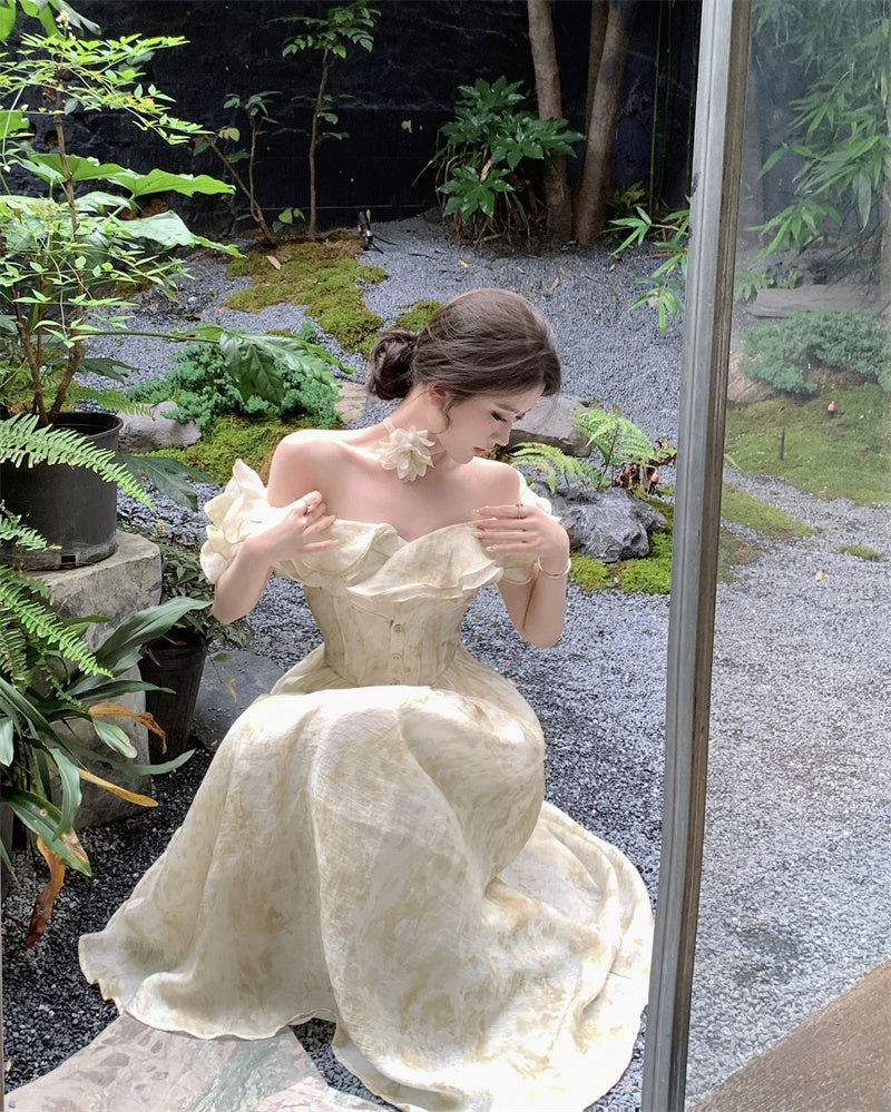 French-Inspired Off-Shoulder Ruffles Neckline Maxi Dress Fashionable Floral Print Cinched-Wasit Long Dress AP1871