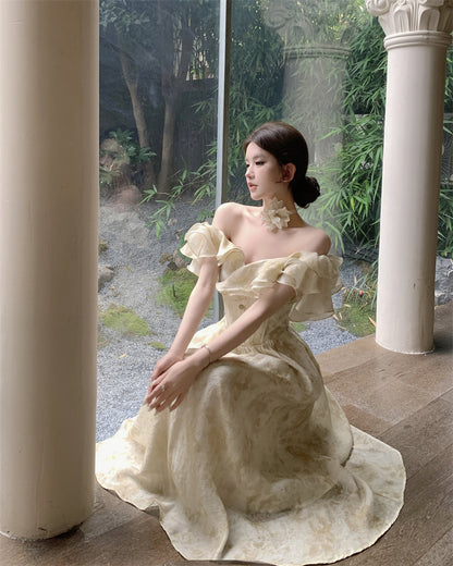 French-Inspired Off-Shoulder Ruffles Neckline Maxi Dress Fashionable Floral Print Cinched-Wasit Long Dress AP1871