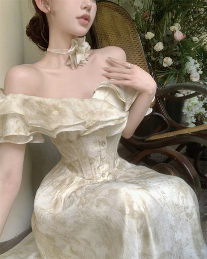 French-Inspired Off-Shoulder Ruffles Neckline Maxi Dress Fashionable Floral Print Cinched-Wasit Long Dress AP1871
