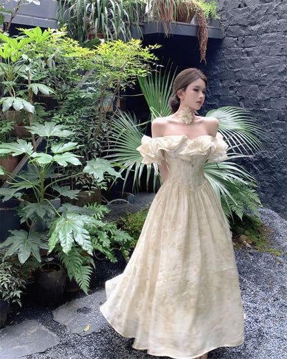French-Inspired Off-Shoulder Ruffles Neckline Maxi Dress Fashionable Floral Print Cinched-Wasit Long Dress AP1871