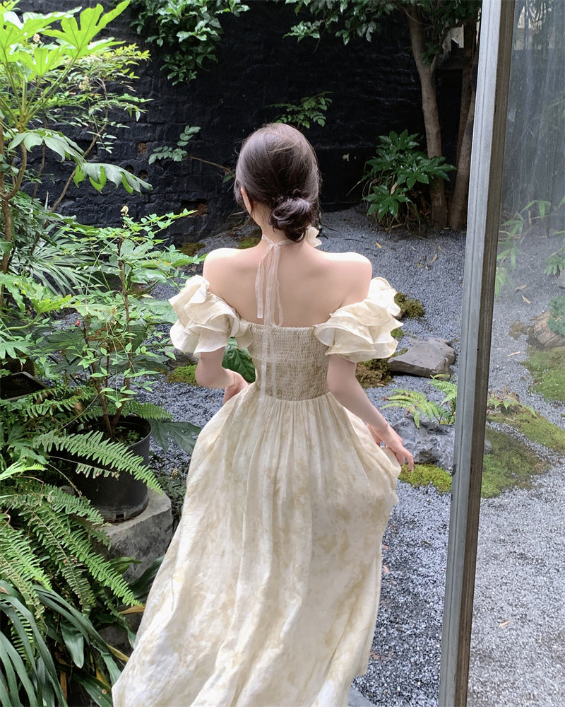 French-Inspired Off-Shoulder Ruffles Neckline Maxi Dress Fashionable Floral Print Cinched-Wasit Long Dress AP1871