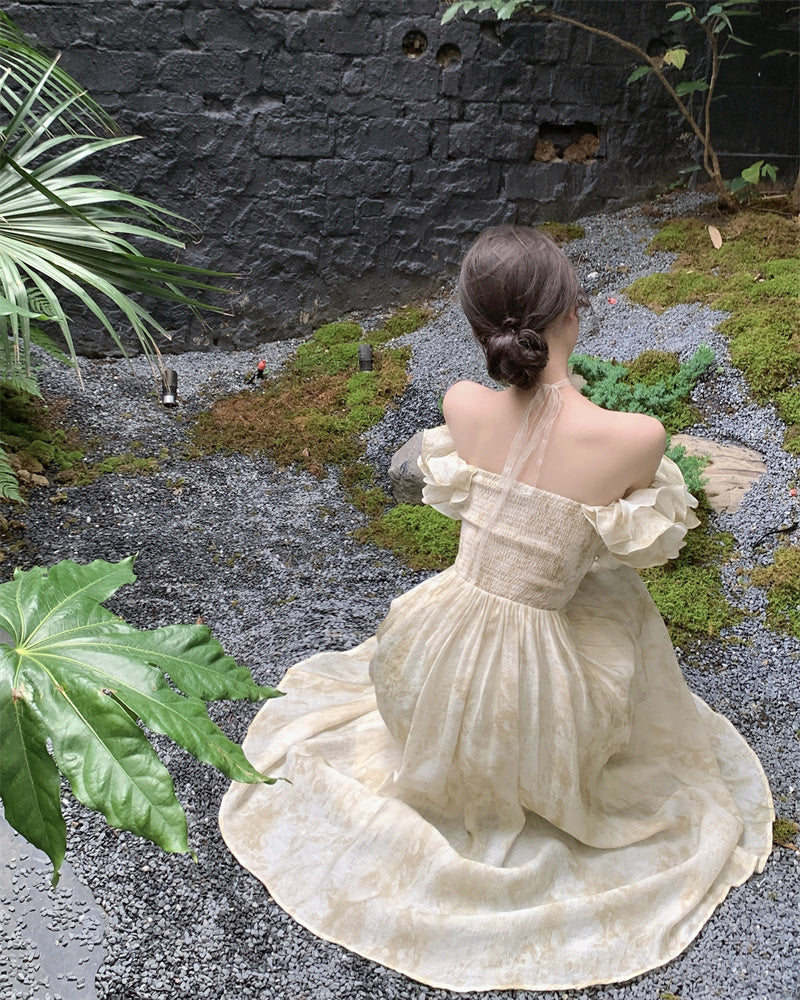 French-Inspired Off-Shoulder Ruffles Neckline Maxi Dress Fashionable Floral Print Cinched-Wasit Long Dress AP1871