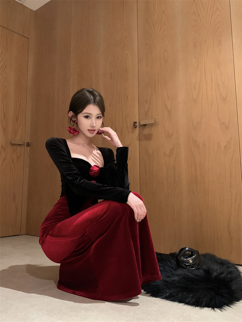 French-Inspired Velvet Black & Red Color-Block Maxi Dress Gorgeous Mermaid Long Sleeve Flowers Accent Long Dress AP1872
