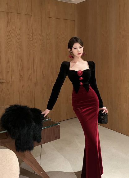 French-Inspired Velvet Black & Red Color-Block Maxi Dress Gorgeous Mermaid Long Sleeve Flowers Accent Long Dress AP1872