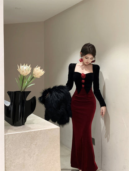 French-Inspired Velvet Black & Red Color-Block Maxi Dress Gorgeous Mermaid Long Sleeve Flowers Accent Long Dress AP1872