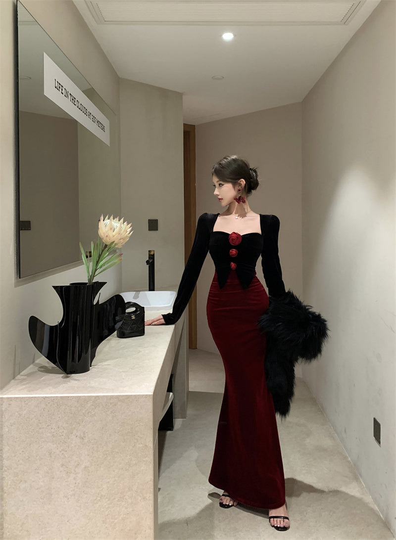 French-Inspired Velvet Black & Red Color-Block Maxi Dress Gorgeous Mermaid Long Sleeve Flowers Accent Long Dress AP1872