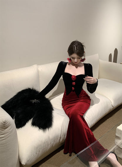 French-Inspired Velvet Black & Red Color-Block Maxi Dress Gorgeous Mermaid Long Sleeve Flowers Accent Long Dress AP1872