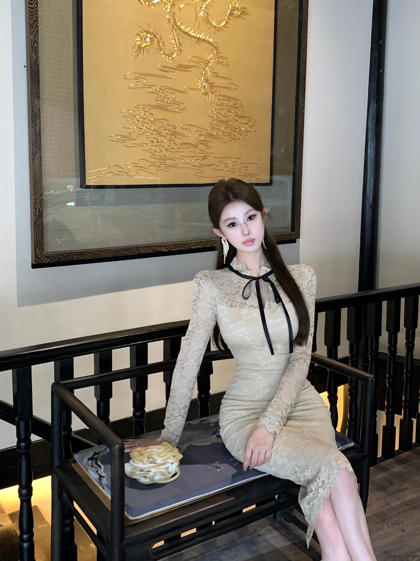 Romantic Beige Lace Long Sheer Sleeves Midi Dress Glamorous Back Slit Formal Events Long Dress AP1873