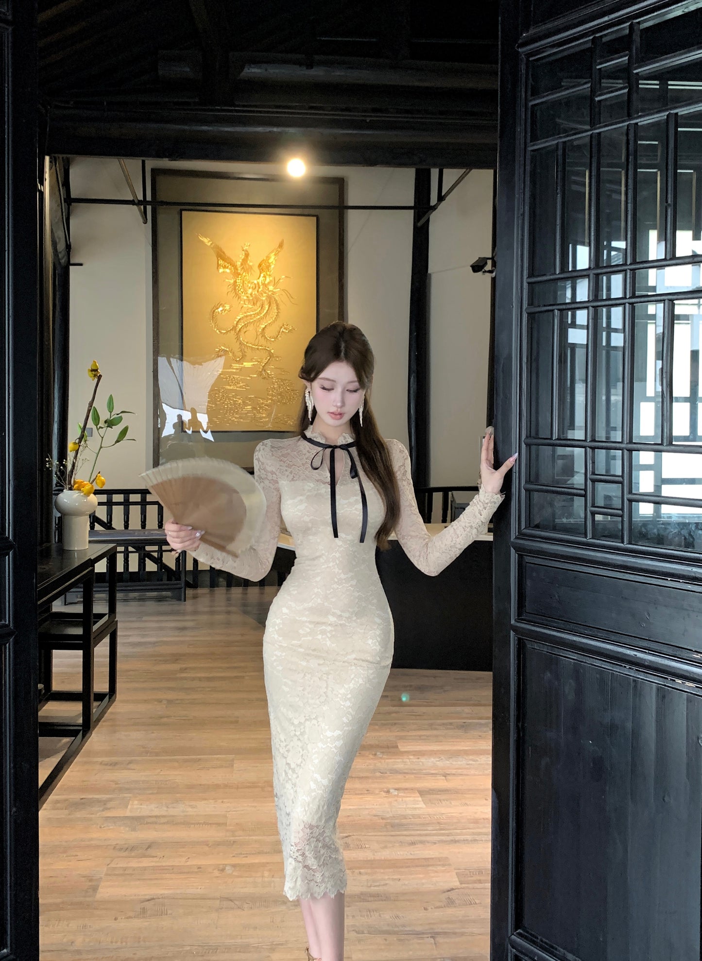 Romantic Beige Lace Long Sheer Sleeves Midi Dress Glamorous Back Slit Formal Events Long Dress AP1873