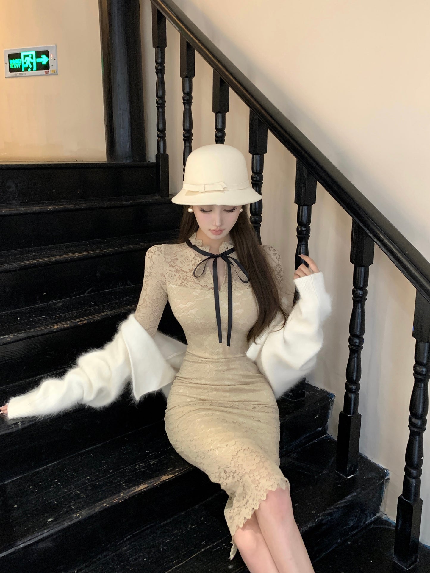 Romantic Beige Lace Long Sheer Sleeves Midi Dress Glamorous Back Slit Formal Events Long Dress AP1873
