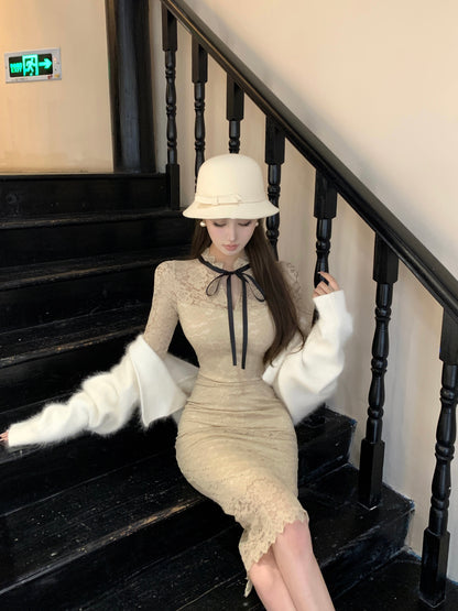 Romantic Beige Lace Long Sheer Sleeves Midi Dress Glamorous Back Slit Formal Events Long Dress AP1873