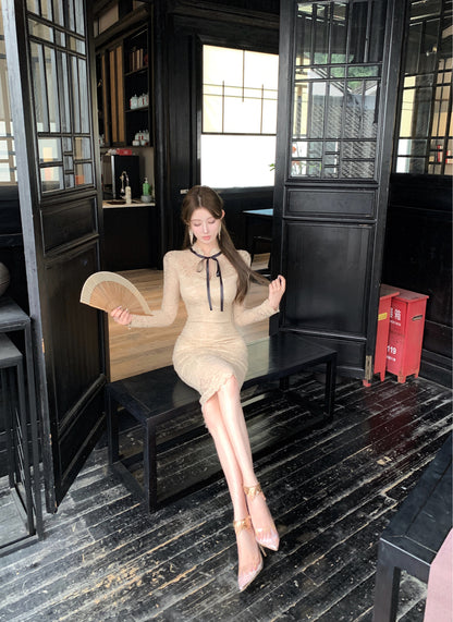 Romantic Beige Lace Long Sheer Sleeves Midi Dress Glamorous Back Slit Formal Events Long Dress AP1873