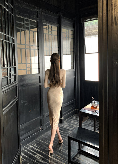 Romantic Beige Lace Long Sheer Sleeves Midi Dress Glamorous Back Slit Formal Events Long Dress AP1873