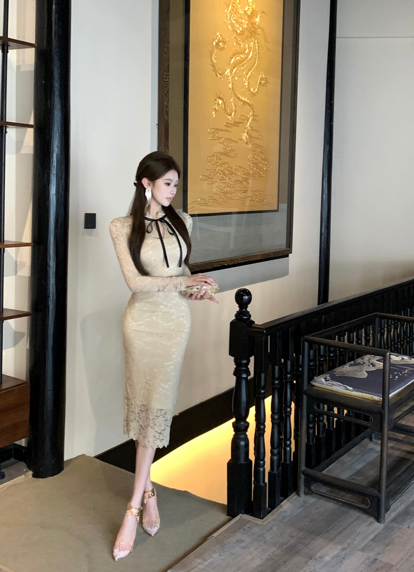 Romantic Beige Lace Long Sheer Sleeves Midi Dress Glamorous Back Slit Formal Events Long Dress AP1873