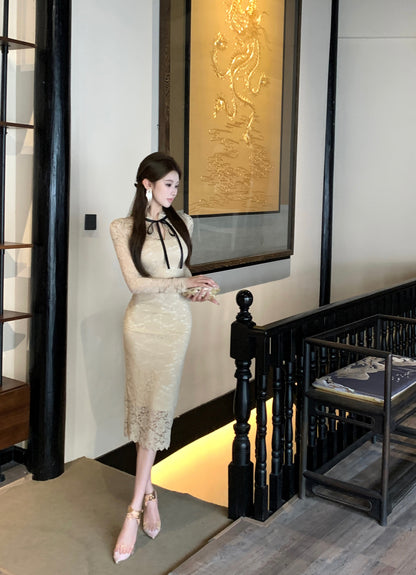 Romantic Beige Lace Long Sheer Sleeves Midi Dress Glamorous Back Slit Formal Events Long Dress AP1873