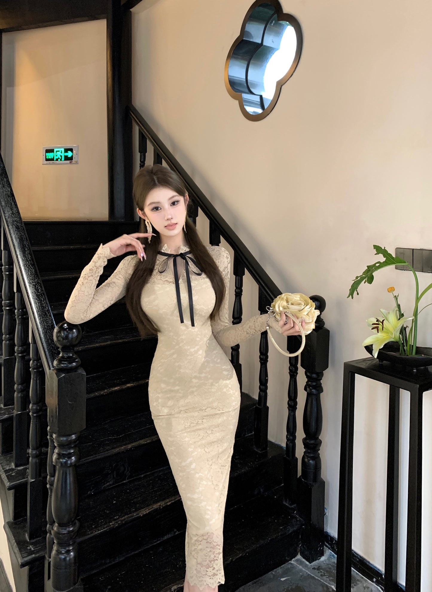 Romantic Beige Lace Long Sheer Sleeves Midi Dress Glamorous Back Slit Formal Events Long Dress AP1873