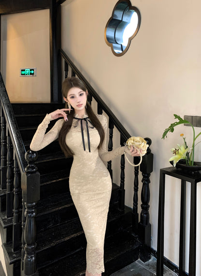 Romantic Beige Lace Long Sheer Sleeves Midi Dress Glamorous Back Slit Formal Events Long Dress AP1873