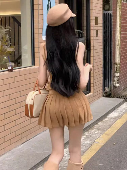 Hot Girls OOTD Spaghetti Straps Mini Dress Minimalist 2-Piece Set Pressed Pleat Hem Short Dress AP1875