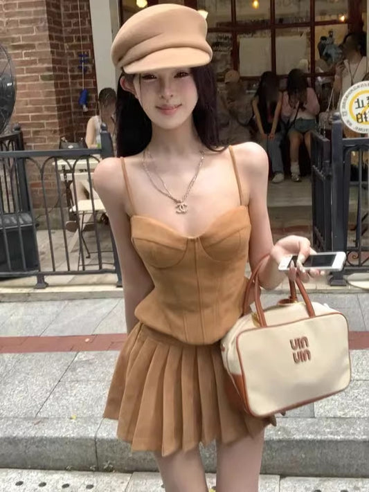 Hot Girls OOTD Spaghetti Straps Mini Dress Minimalist 2-Piece Set Pressed Pleat Hem Short Dress AP1875