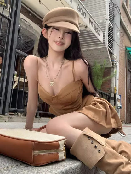 Hot Girls OOTD Spaghetti Straps Mini Dress Minimalist 2-Piece Set Pressed Pleat Hem Short Dress AP1875
