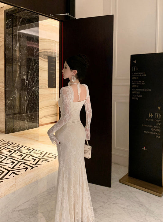 Dreamy White Lace Trimmed Square-Neck Maxi Dress Chic Bell Long Sheer Sleeves Beading Feast Outfit Meimaid Long Dress AP1876
