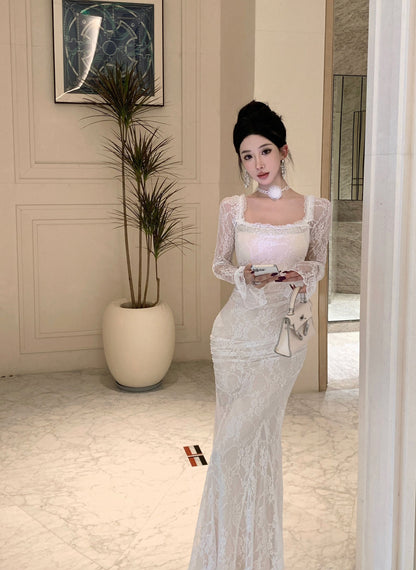 Dreamy White Lace Trimmed Square-Neck Maxi Dress Chic Bell Long Sheer Sleeves Beading Feast Outfit Meimaid Long Dress AP1876