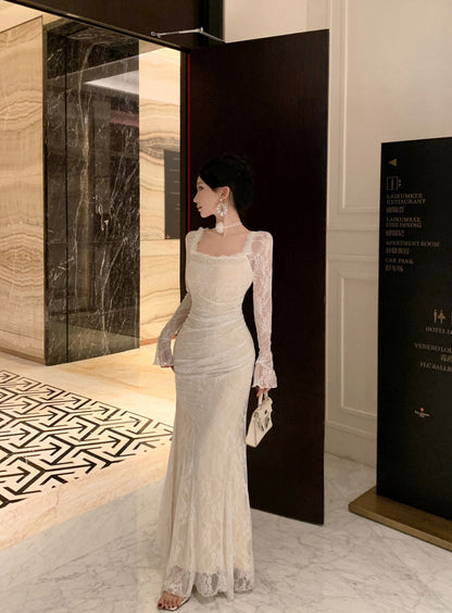 Dreamy White Lace Trimmed Square-Neck Maxi Dress Chic Bell Long Sheer Sleeves Beading Feast Outfit Meimaid Long Dress AP1876