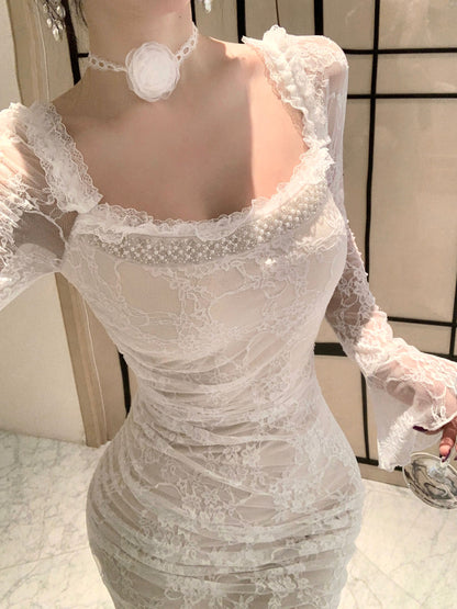 Dreamy White Lace Trimmed Square-Neck Maxi Dress Chic Bell Long Sheer Sleeves Beading Feast Outfit Meimaid Long Dress AP1876