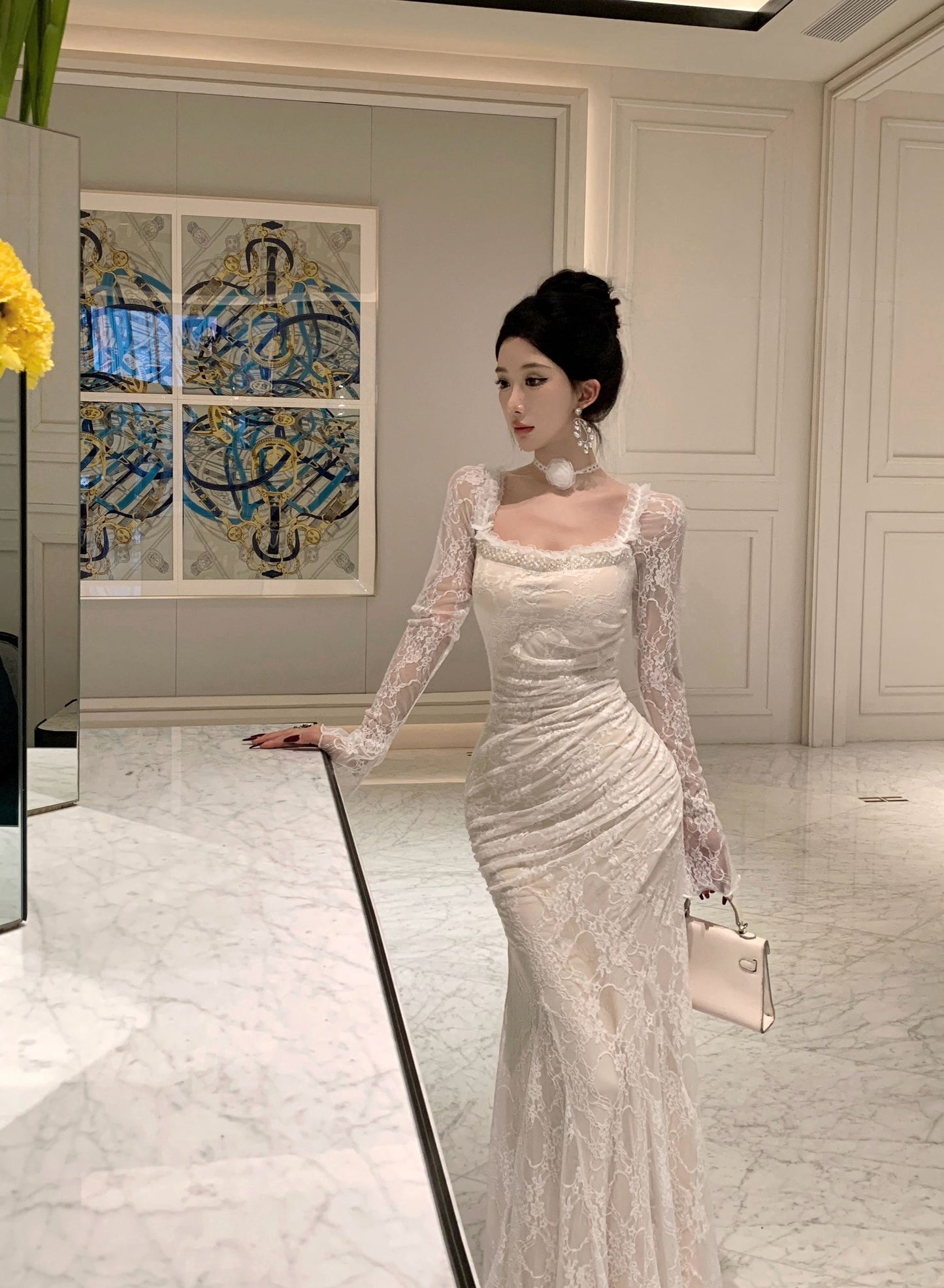 Dreamy White Lace Trimmed Square-Neck Maxi Dress Chic Bell Long Sheer Sleeves Beading Feast Outfit Meimaid Long Dress AP1876